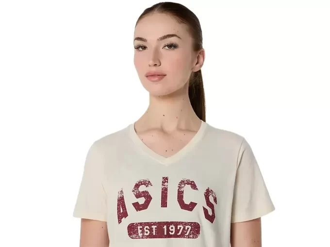 DAMEN-KURZARM-T-SHIRT MIT V-AUSSCHNITT „EST 1977“